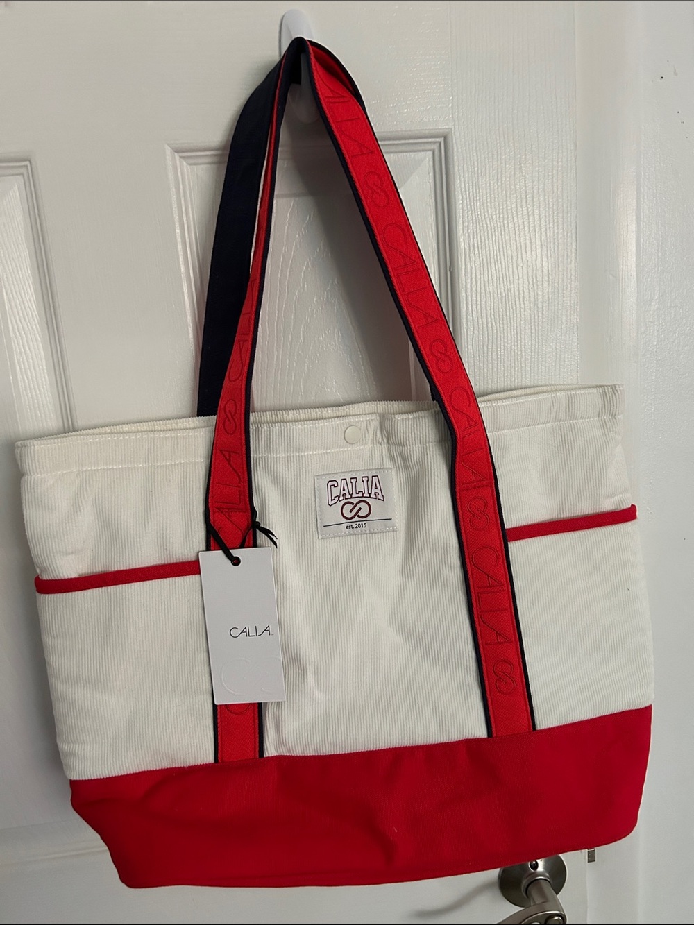 CALLIA White and Red Canvas Tote with Logo Strap